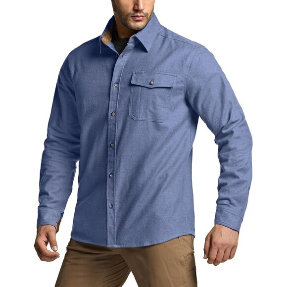 Mens  Corduroy French Blue Cotton Flannel Shirt Long Sleeve Casual Outdoor Plaid - Picture 9 of 9